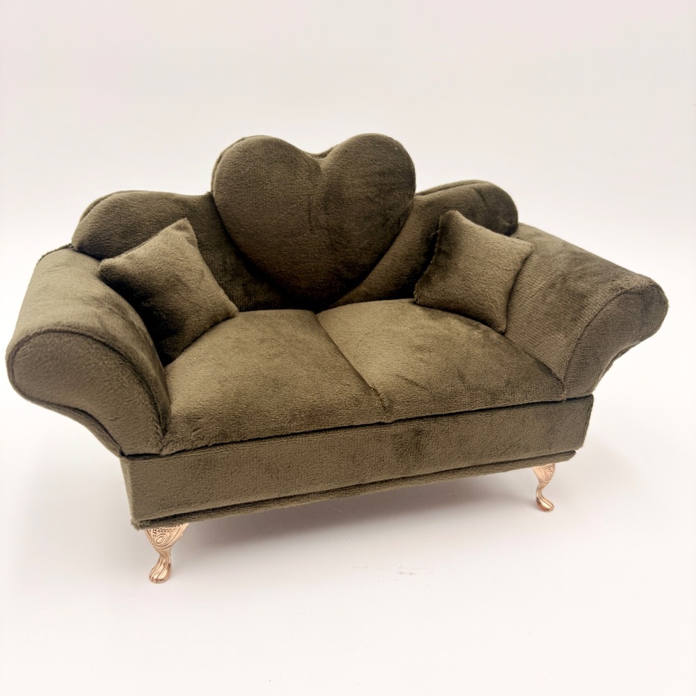 Miniature Sofa Jewelry Box Olive Green Velvet Heart Back Rose Gold Legs Mirror